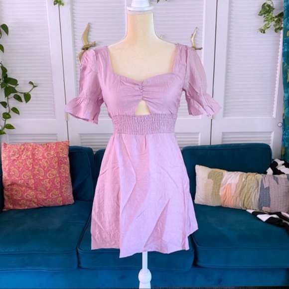 Fanco Francesca Mauve Milkmaid Mini Dress Cut Out Puff Sleeve Smocked New Medium - Picture 3 of 14